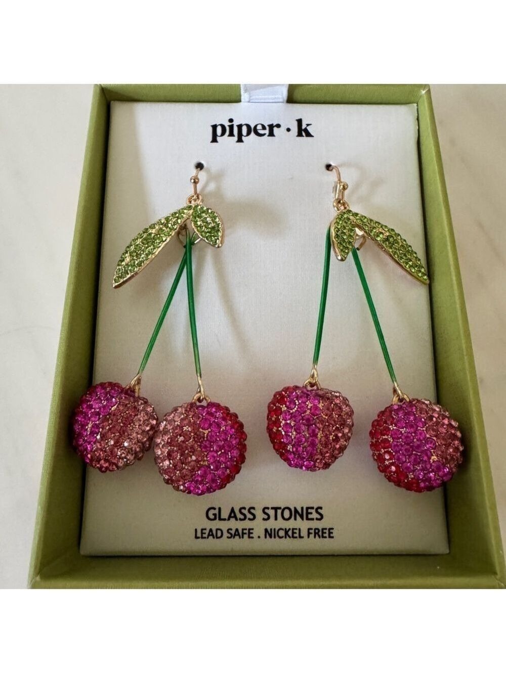 Piper K Pink and Green Cherry Earrings - Picture 7 of 8